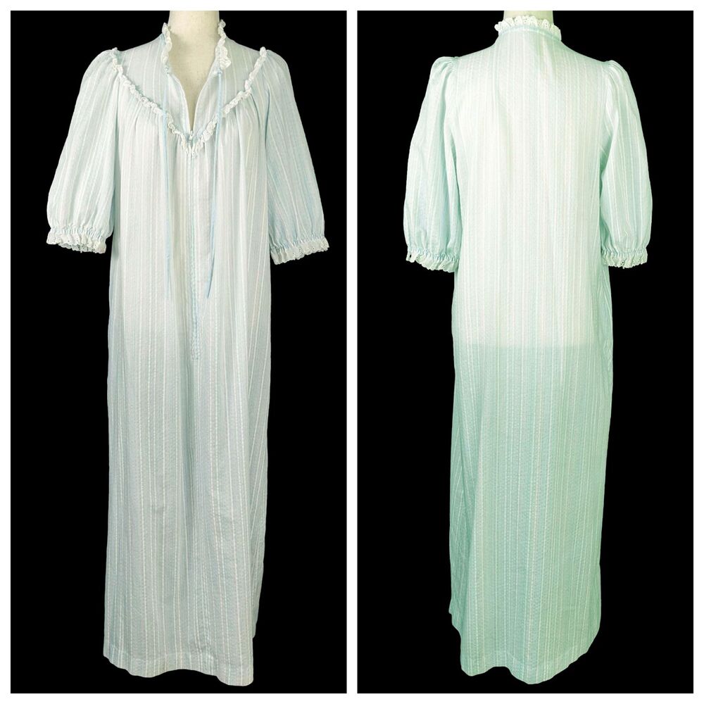 VTG Komar Women's S Blue Cotton Zipper Front Prairie Style Housecoat Nightgown
